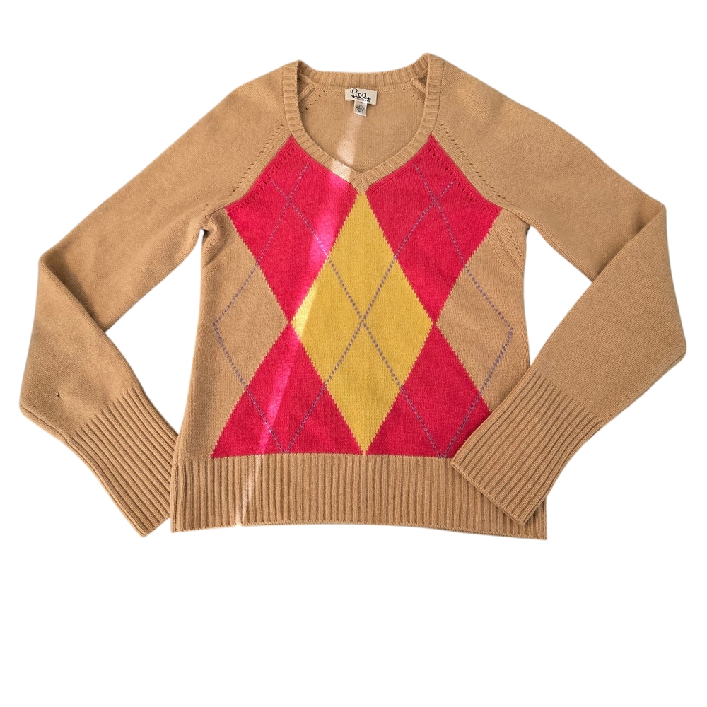 Lilly Pulitzer Cashmere Red and Tan Yellow Crew Neck Sweater with Argyle Pattern
